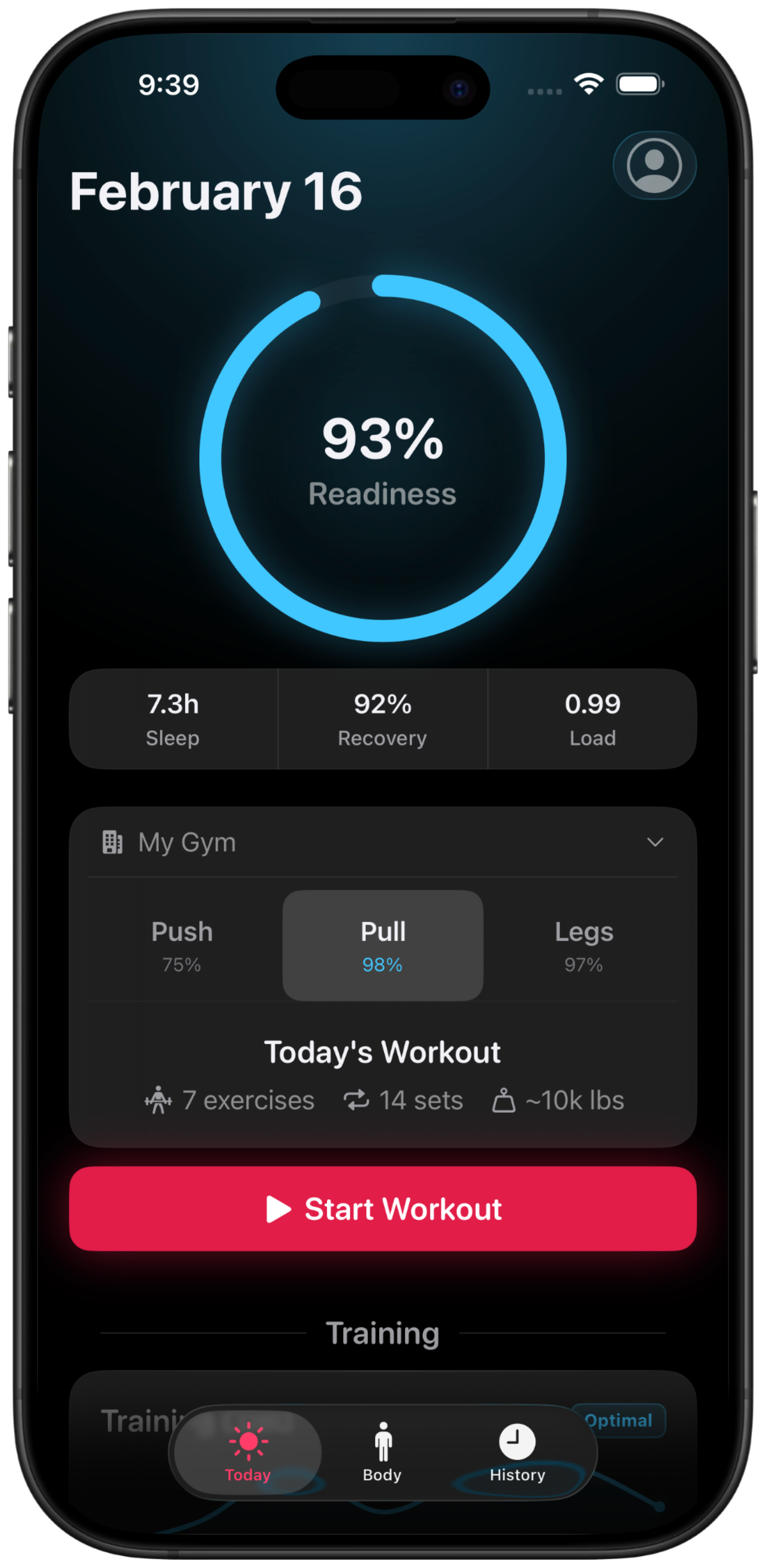Fit Guild app showing readiness score with today's workout ready to start